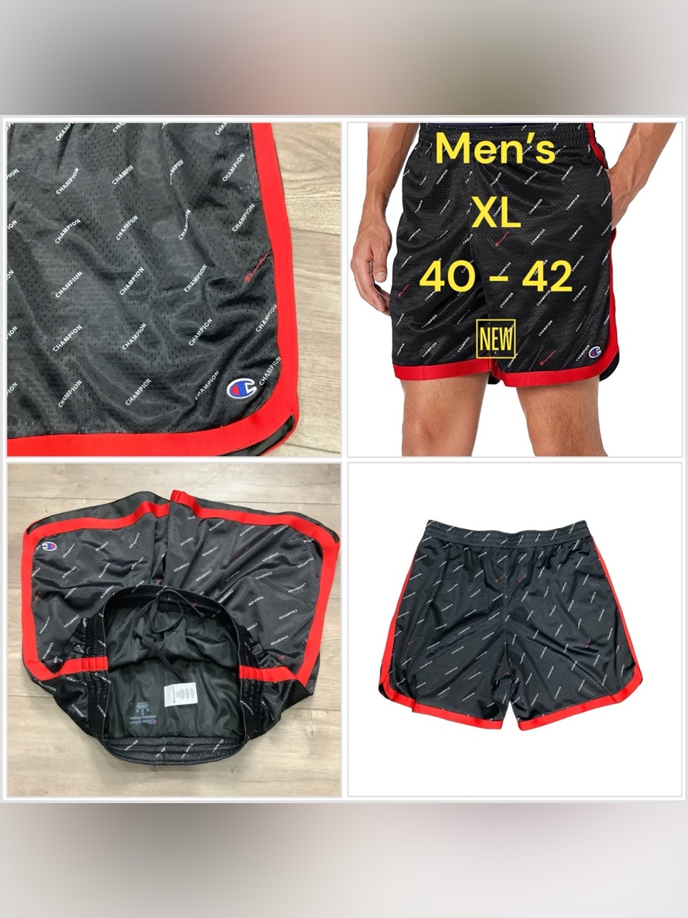 Mens Champion XL 40 - 42 Shorts Logo Black Red Basketball Jersey Mesh Drawstring